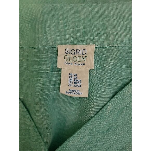 Sigrid Olsen 100% Linen Blouse 3/4 Sleeves V-Neck Turquoise 2X Beach Coastal - Picture 8 of 8